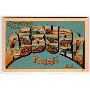 Vintage Greetings from Asbury Park NJ Large Letter Linen Postcard Swimmers Beach